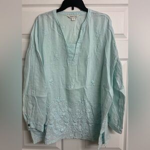 Coldwater Creek L Linen Embroidered Lightweight Blouse Tunic Coastal Grandma